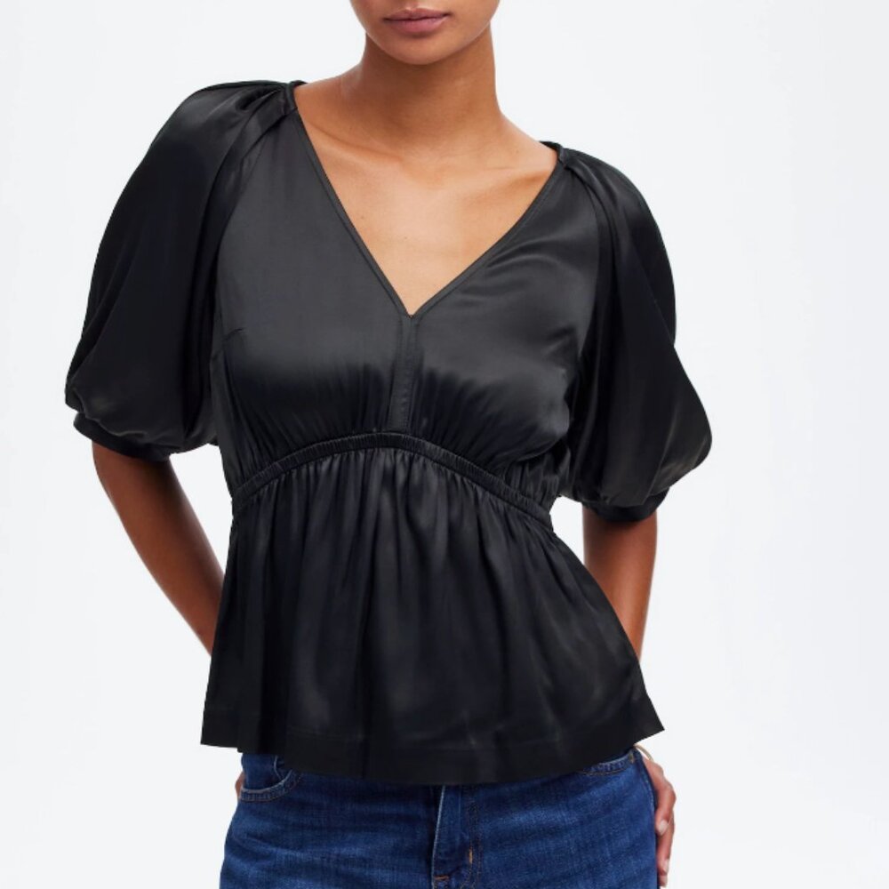Madewell Top Womens Shirred Puff-Sleeve Satin Whimsigoth‎ V Neck Black Size XS